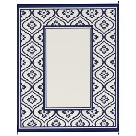 Reversible Outdoor Rug, Waterproof Plastic Straw With Carry Bag, 8 X 10, Blue & White Gourd Border (Option: Blue)